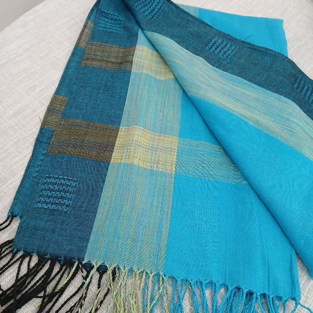 Woven Aqua, Blue Green and Black Long Scarf Shawl